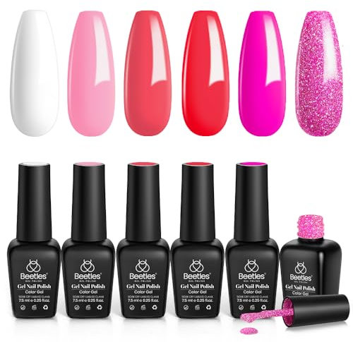 Beetles Gel Nail Polish Set - 6 Colors Pink Christmas Rose Red Nail Gel Kit Sweetheart Candies Collection Pink Glitter Gifts for Women Girlfriend Soak Off Nail Lamp Manicure Kit