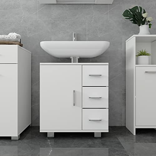 ML-Design Armadietto Sottolavabo da Bagno Mobile Lavello a Terra con 3 Cassetti e Anta Ripiano 60 x 60,8 x 33 cm Mobiletto per Lavandino Arredo Salvaspazio Multiuso Portaoggetti in Legno MDF Bianco