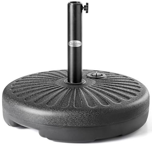 CHRISTOW Parasol Base 35kg, Heavy Duty Round Plastic Garden Umbrella Holder Stand, Water Sand Filled, For 38mm and 48mm Poles