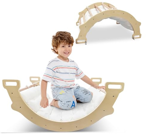 COSTWAY 3 en 1 Arche d’Escalade en Bois Enfants avec Coussin Moelleux, Arche à Bascule pour Grimper ou Se Reposer, Jouet d'arc d'escalade pour Chambre Salle de Jeux Garderie, Charge 50KG, 1 an+