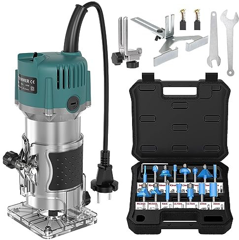 Yofuly Wood Palm Router Tool, 220V 800W Electric Hand Router Trimmer Tool Professional Edge Router for Woodworking with 15 PCS 1/4 (6.35mm) Router Bit Set for DIY Carving