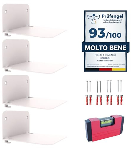 HausDek Estantes Flotantes de Pared para Libros, Baldas Blancas, Estanterías Metálicas Invisibles - Juego de 4 para Dormitorio, Salón, Oficina, Cocina y Kit de Montaje