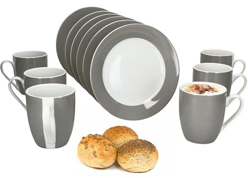 MamboCat Variant Grau 12tlg Frühstücksset I Je 6X kleine Teller & Kaffeebecher 350ml, Höhe 10,3cm für 6 Personen I Tasse, Kuchenteller I Porzellan-Geschirr für Frühstücks- & Kaffeezeit