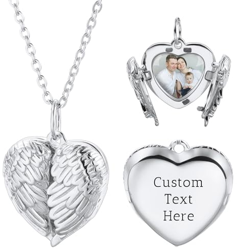 OTXIXTO Personalisiert Herz Medaillon Halskette mit Bild Innen Individuell Foto/Text Herz Medaillon Anhänger Halskette mit Engelsflügel 925 Silber Herz Medaillon Charm Halsketten für Damen (B: Silber)