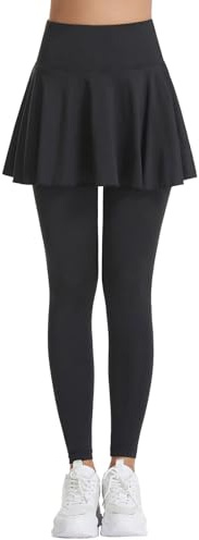 Womens 2 in 1 Leggings with Skirt Yoga Legging Skirts Elastic Active Trousers Length Skorts with Pocke High Waisted Tennis Skirts Running Pants Leggings Pockets Tennis Capris Sports Skirted (Black, M)