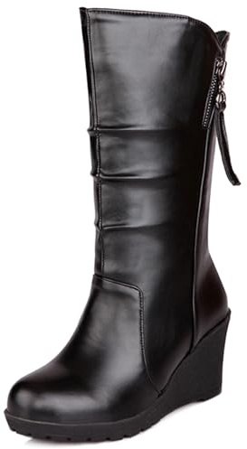 Asterisco Women Wedge Heel Mid Calf Boots with Platform High Heel Boots Round Toe Slip On Snow Boots Slouch, G97172TP Black/Hm Size 4.5 UK/38