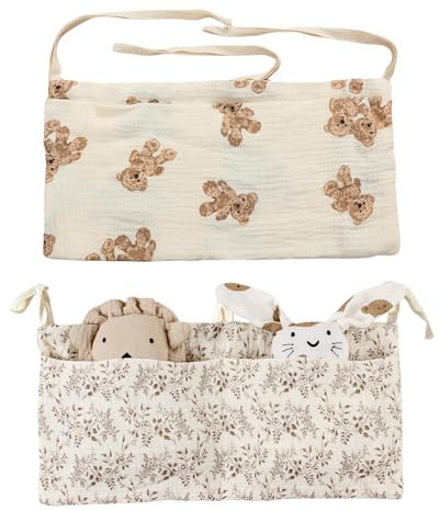 Mecmbj 2 Stücke Babybett Organizer Hängend, Baby Kinderzimmer Organizer mit 2 Taschen, Verstellbarer Bett Organizer Kinderbett für Kleidung Spielzeug Hängeorganizer Babybetttasche (Aprikose)