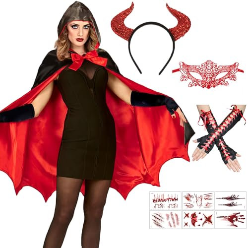 Costume de diable pour femme - Cape de vampire pour femme - Cape à capuche noire et rouge - Double face avec masque pour les yeux en dentelle - Tatouage - Bandeau de diable et gants en satin - Pour