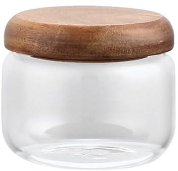 ASTRQLE Recipiente de almacenamiento de alimentos de vidrio de 300 ml con tapas de madera, pequeño tarro de café y azúcar, recipiente hermético para almacenamiento de alimentos, recipiente de café