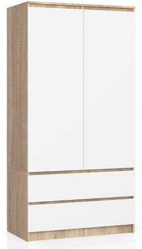 BDW armadio 2 ante, 4 ripiani, appendiabiti, 2 cassetti, appendiabiti, armadio a cassetti, armadio per camere da letto, soggiorni, 180x90x51cm, (Rovere Sonoma/Bianco)