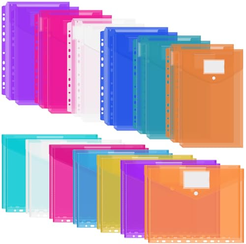Porte-documents A4 de 28 pièces, 7 couleurs, pour classer, pochette transparente étanche A4 avec 11 bords perforés et poche pour étiquette, classeur pour documents
