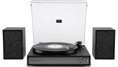 Victrola Harmony - Sistema de Tocadiscos Bluetooth - Reproductor de Discos de Vinilo de 3 velocidades, Altavoces estéreo de estantería, diseño Moderno de Mediados de Siglo, Audio Technica ATN3600L