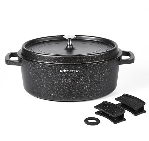 ROSSETTO 10,6L Cocotte ovale en fonte d’aluminium, revêtement antiadhérent en céramique. Couvercle avec picots saveurs. Compatible tous feux dont induction et au four jusqu’à 230℃, 38CM, Noir