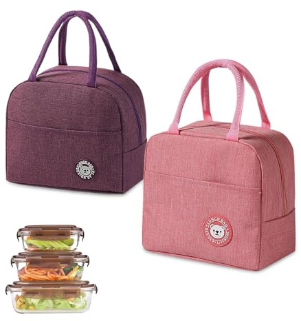 LNSYSNS 2 Piezas Bolso Termico Comida Trabajo, Plegable Bolso de Almuerzo, Portátil Nevera Pequeña Portatil, Rosa y Morado, para Oficina, Escuela y Camping