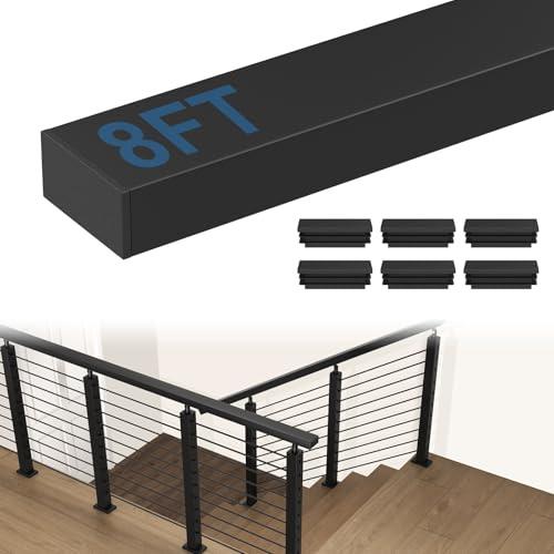 CKE 8' Stainless Steel Cable Railing Handrail for Indoor Outdoor Deck Stair Flat Top Rail Cable Railing System, Black Rectangular Handrail Cable Railing Kits with End Caps, HT03