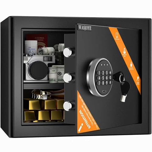 WASJOYE Home Cabinet Safe Box - 1.5 Cubic Feet Fireproof Safe with Digital Keypad Safety Key Lock Type-C Port Alarm System, Security safes for Home Business Office Hotel Document Jewelry Storage