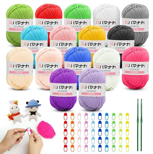 RoyalChic Fil à crocheter 16 couleurs x 25g de laine à crocheter avec 50 marqueurs de maille colorés et 2 crochets ergonomiques de 4mm. Kit de crochet pour débutants de foulards, pulls, couvertures