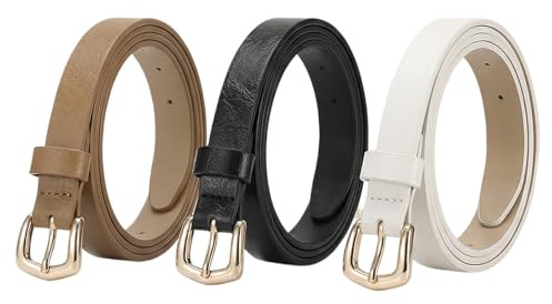 Astralong Confezione da 3 Cintura Donna, Cintura Donna Elegante Pelle PU, Cinture Sottili con Fibbia in Lega per Jeans, Pantaloni e Abiti, Accessori di Moda (Nero, Bianco, Marrone)
