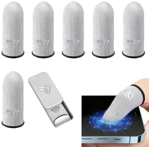 manchon doigt gaming ultra fin 0,3 mm – doigt tactile anti transpiration en fibre argent 24 aiguilles, respirant et sans couture, pour jeu mobile écran tactile, 1 paire avec boîte métal + 2 paires