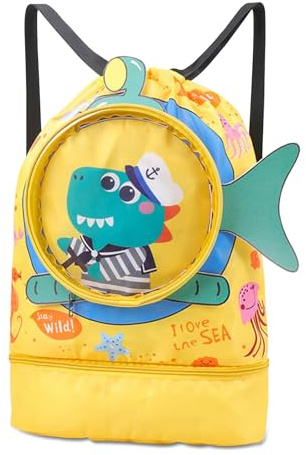 KASESSS Coccodrillo dei Cartoni Animati Borsa Piscina, Borsone Piscina, Zaino Piscinas Bambino, Borsa da Nuoto Asciutta e Bagnata, Grande Capacità con Scarpiera per Sport Viaggi Scuola Nuoto, Giallo