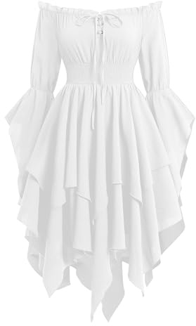 IBAKOM Robe Médiévale-Victorienne Renaissance pour Femme : Robe Fluide à Volants, Ourlet en Pointe Irrégulier, Vintage Déguisements épaules dénudées, Costume Gothique