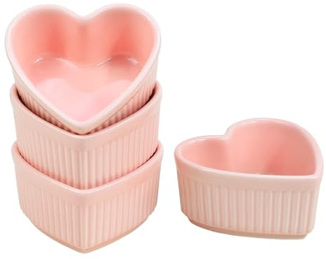 Sizikato Heart-Shaped Porcelain Souffle Dishes, Ramekins - 3.5 Inches for Souffle, Creme Brulee and Dipping Sauces - Set of 4