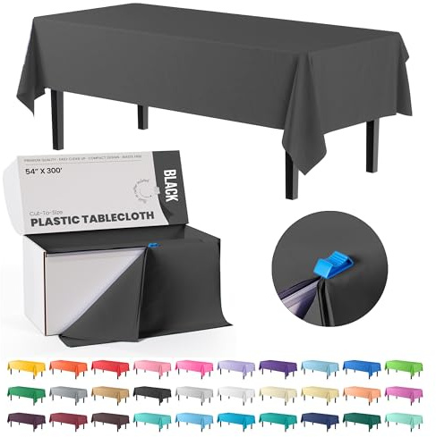 Party Solids 54 Inch X 300 Feet Black Plastic Table Cover Roll in A Cut - to - Size Box with Convenient Slide Cutter. Cuts Up to 36 Rectangle 8 Feet Plastic Disposable Tablecloths