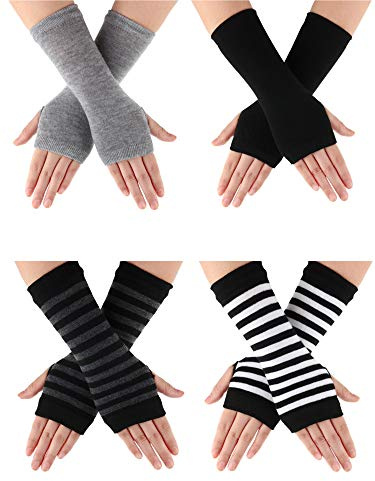 BBTO 4 Pairs Wrist Fingerless Gloves with Thumb Hole Women Warm Half Gloves Winter Mittens Thermal Warmers Gifts for Men Women Ladies(Black, Grey, White Stripes, Brown Stripes)
