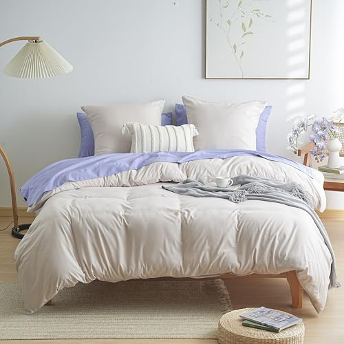 MOHAP Parure de Lit 4 Pièces Housse de Couette 220x240cm + Drap Housse 160x200cm avec 2 taies d'oreillers 65x65cm Beige pour 2 Personnes Parure 100 Fils/cm² en Microfibre