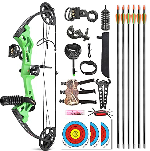 AMEYXGS Bogenschießen Compoundbogen Set für Anfänger Junior Bogen Compoundbogen und Pfeil Kit für Jugendliche 17-27 Auszugslänge 10-30lbs Einstellbar 260fps IBO Sportbogen (Grün)