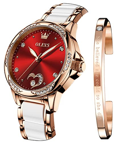 OLEVS Ladies Watches Automatic Elegant Mechanical Analogue Fashion Diamond Dress Date Ceramic Stainless Steel Strap Rose Gold Wrist Watch for Women