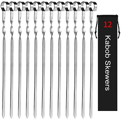 Kabob Skewers 14 Stainless Steel Long BBQ Barbecue Skewers, Flat Metal Kebob Sticks Wide Reusable Grilling Skewers for Meat Chicken, Set of 12pcs with Storage Bag by JY COOKMENT