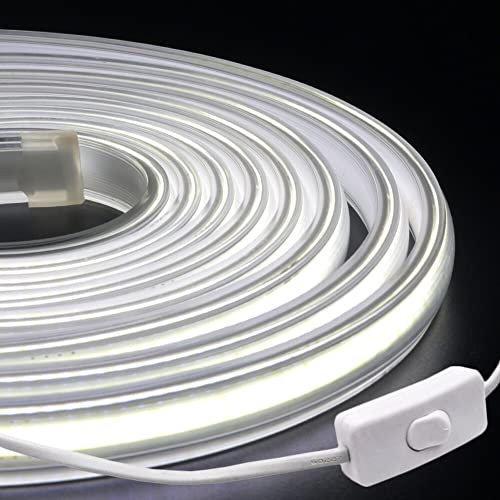 XUNATA Striscia LED COB 220V con Interruttore, Alta luminosità 288 LED/m, IP65 impermeabile, Nastri LED Flessibile Luce a Corda con Alimentatore (5m, Bianco Freddo)