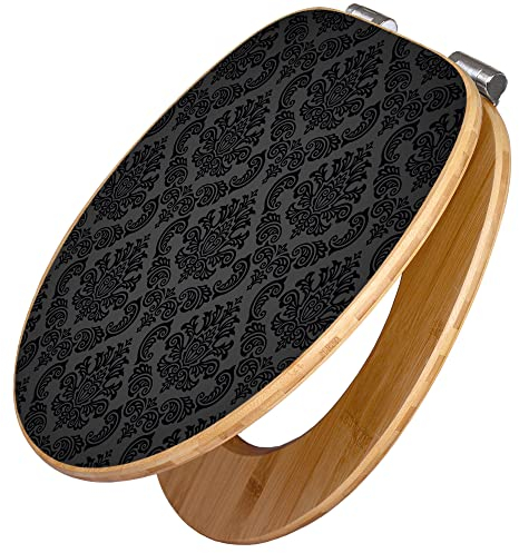 banjado Design WC Sitz Bambus Absenkautomatik 45,8x37,5cm / Toilettendeckel mit Absenkautomatik Holz/hochwertiger Bambus Klodeckel/WC-Sitz für gängigen Toiletten/Motiv Black Deluxe