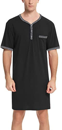 Yukiuiny Maglie Pigiama Uomo Abbigliamento da Notte Cotone Camicie Lunghe per Dormire,Maniche Corte-1-Nero/XXL