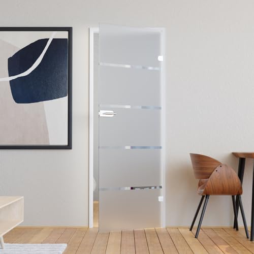 Glastür Komplettset mit Beschlag 834 x 1972 mm Milchglas Streifen - Glastüren aus ESG Glas 8mm satiniert - Innentür Glas mit Türgriff Edelstahl abgerundet unverschließbar DIN rechts