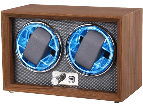 Gziztx Automatischer Uhrenbeweger, 2 Steckplätze, mit blauem LED-Licht, USB-DC Aufladung Uhrenbeweger,Netzteil, leiser Motor, 4 Rotationsmodi, 2 Steckplätze
