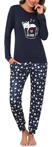 Bresdk Pigiama Donna Stampato Donna Cotone Lungo Invernale Caldo Leggeri | Eleganti Manica Lunga Scollo Rotondo Due Pezzi Pajamas