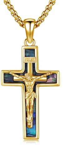 OHAYOO Kruzifix Kette 925 Sterling Silber Kreuz Kette Herren Kreuzkette Jesus Anhänger Abalone Silberkette mit Kreuz Männer Schmuck für Herren Vergoldet