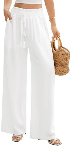 UMIPUBO Women Cotton Linen Trousers Summer Wide Leg Pants with Elastic Waist Lightweight Beach Palazzo Pockets Casual Flowy Loose Bottoms for Work Yoga Holiday