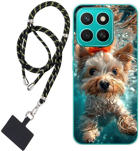 WUACYEAMING Carcasa para Móvil Compatible con Honor X8c Cover Funda Transparente para móvil con Dibujo TPU Lindo Perro nadando1*Cordón para Teléfono Ajustable