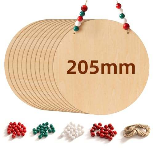 ROWOOD Set di 12 fogli di compensato rotondi, 20 cm, cerchi in legno grezzo per artigianato, ganci per porte e decorazioni per la casa