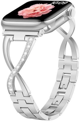 Sixmoat Metallarmband Kompatibla med Apple Watch Armband för kvinnor 38mm 40mm 41mm 42mm 44mm 45mm 46mm 49mm, Glittrande X-format Ersättningsarmband för iWatch Ultra SE Series 10 9 8 7 6 5 4 3