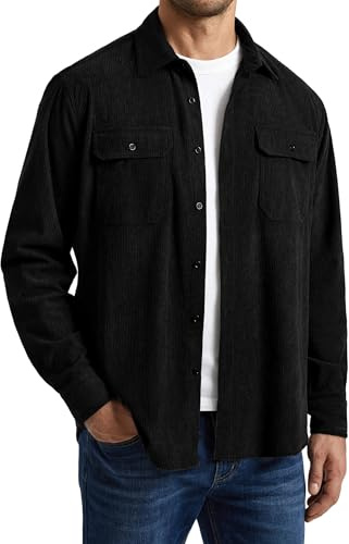Enlision Chemise Homme Velours Côtelé Veste Décontractée Boutonnée Surchemise Rétro Coupe Ample Toucher Doux Haut de Mi-Saison Noir 4XL