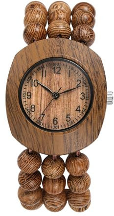JewelryWe Reloj de Madera para Mujer: Hecho a Mano Tonneau Budista con Cuentas de Madera para Mujer, Banda elástica Bohemia, Reloj de Pulsera analógico de Cuarzo, Amarillo Claro