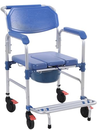 3 in 1 Foldable Rolling Shower Chair with Wheels Drop Arm Bedside Commode Anti-Tilt Foldable Footrest Holds Up to 330 Lbs Shower Wheelchair with Removable Bucket for Elderly Disabled and Pregnant