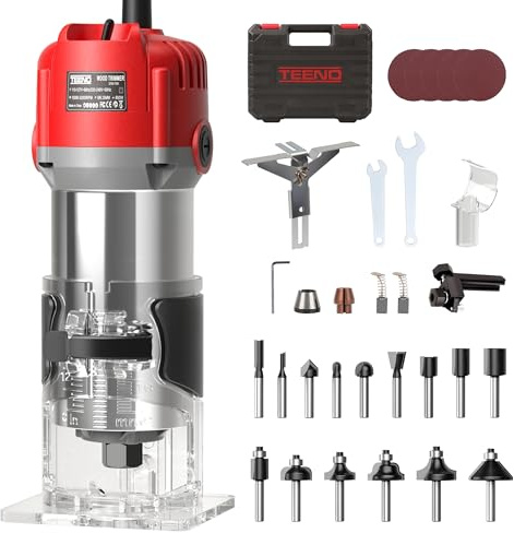 TEENO Fresadora De Madera Rebajadora Eléctrica 800W 15000-32000 RPM Con 32 Accesorios,15 piezas 1/4'' Alicates, 6 Velocidades Variables, Pinza De Base Fija De 6/6.35 MM, Estuche de Transporte