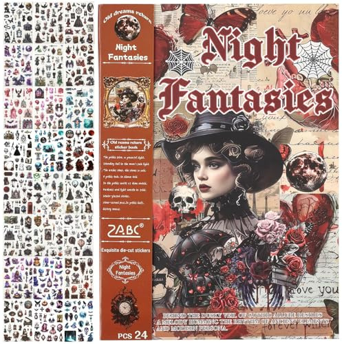 Pegatinas Scrapbooking Vintage, Libro de Stickers Washi de 24 Hojas con 480 Motivos Precortados, Calaveras Telarañas y Brujas Estilo Gótico, para Journaling y Diario Gótico, Collage DIY Decorativo