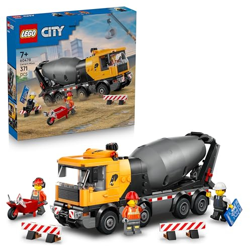 LEGO City Cement Mixer Truck Toy - Educational Construction Site Vehicle Model w/ 3 Minifigures, Rotating Drum & Pouring Function - Birthday Gift Idea for 7+ Year Old Boys - 60478