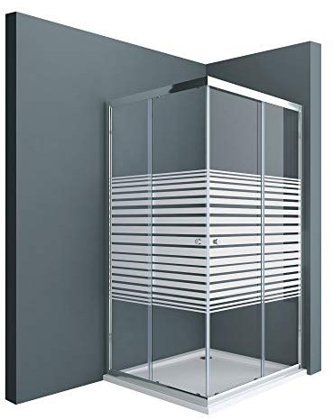 Sogood Duschkabine Schiebetür 75x75cm Eckeinstieg Duschabtrennung Inklusive Duschwanne Milchglas Streifen Eckdusche 6mm ESG Glas Höhe 190cm Rav16MS